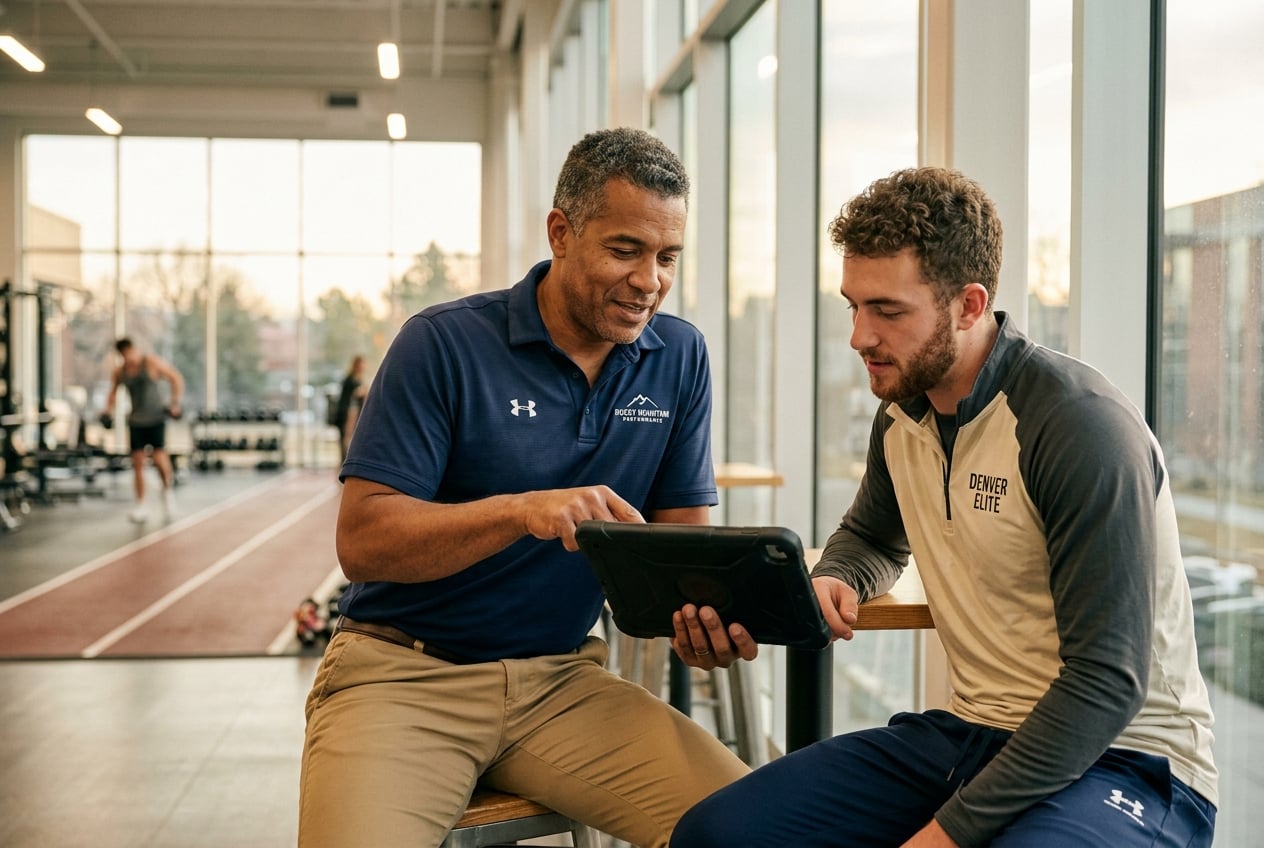 A coach reviewing training footage on a tablet with an athlete on the sideline