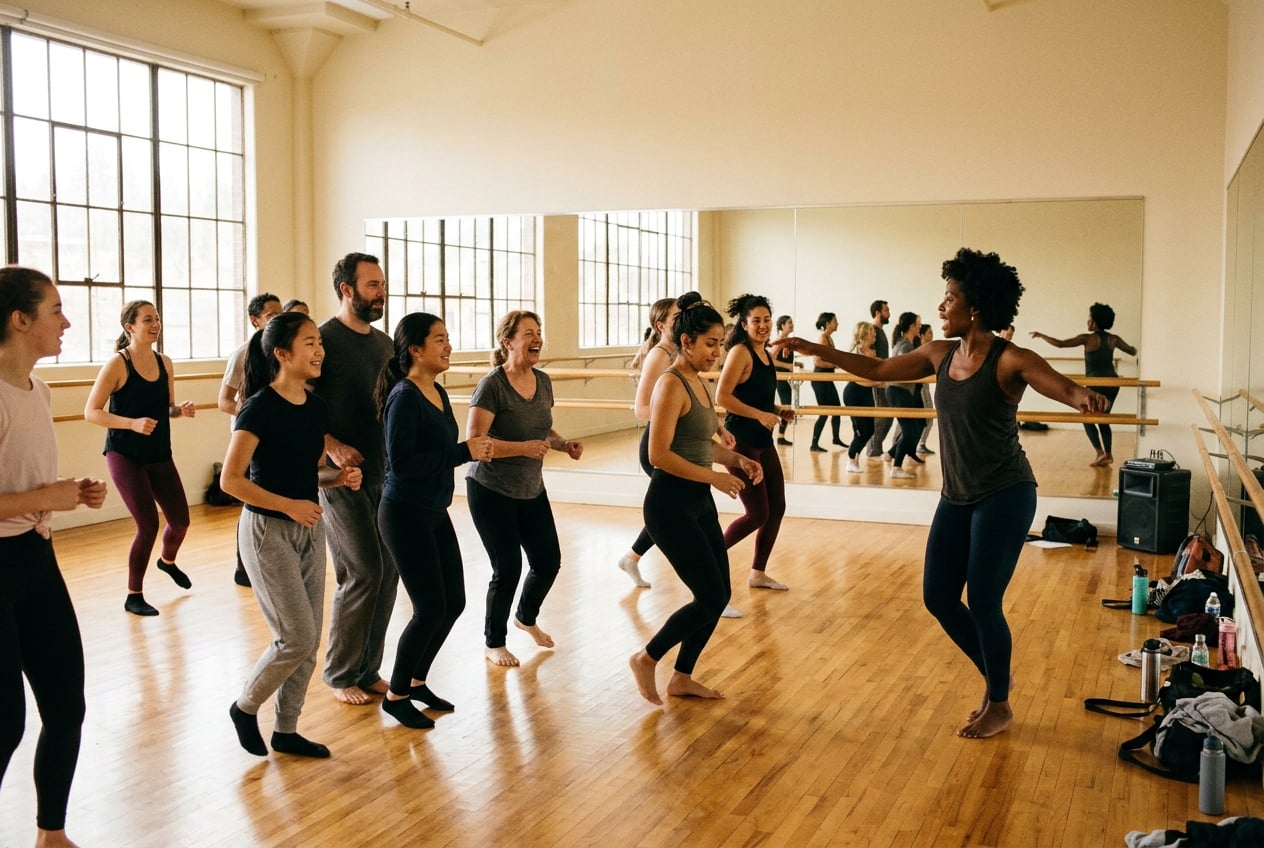 A group dance class of mixed ages practicing together in a bright studio