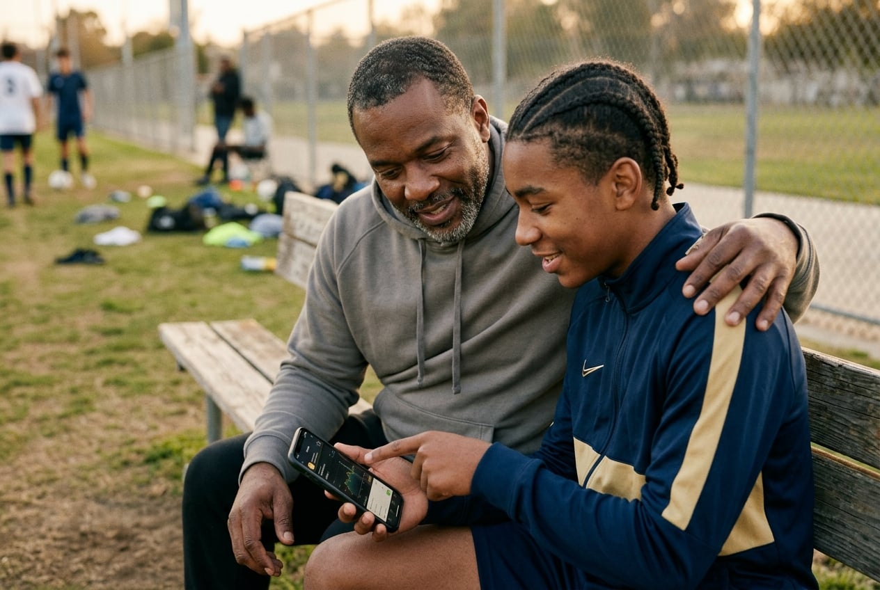 A parent and teenager reviewing training progress together on a phone on a sideline bench