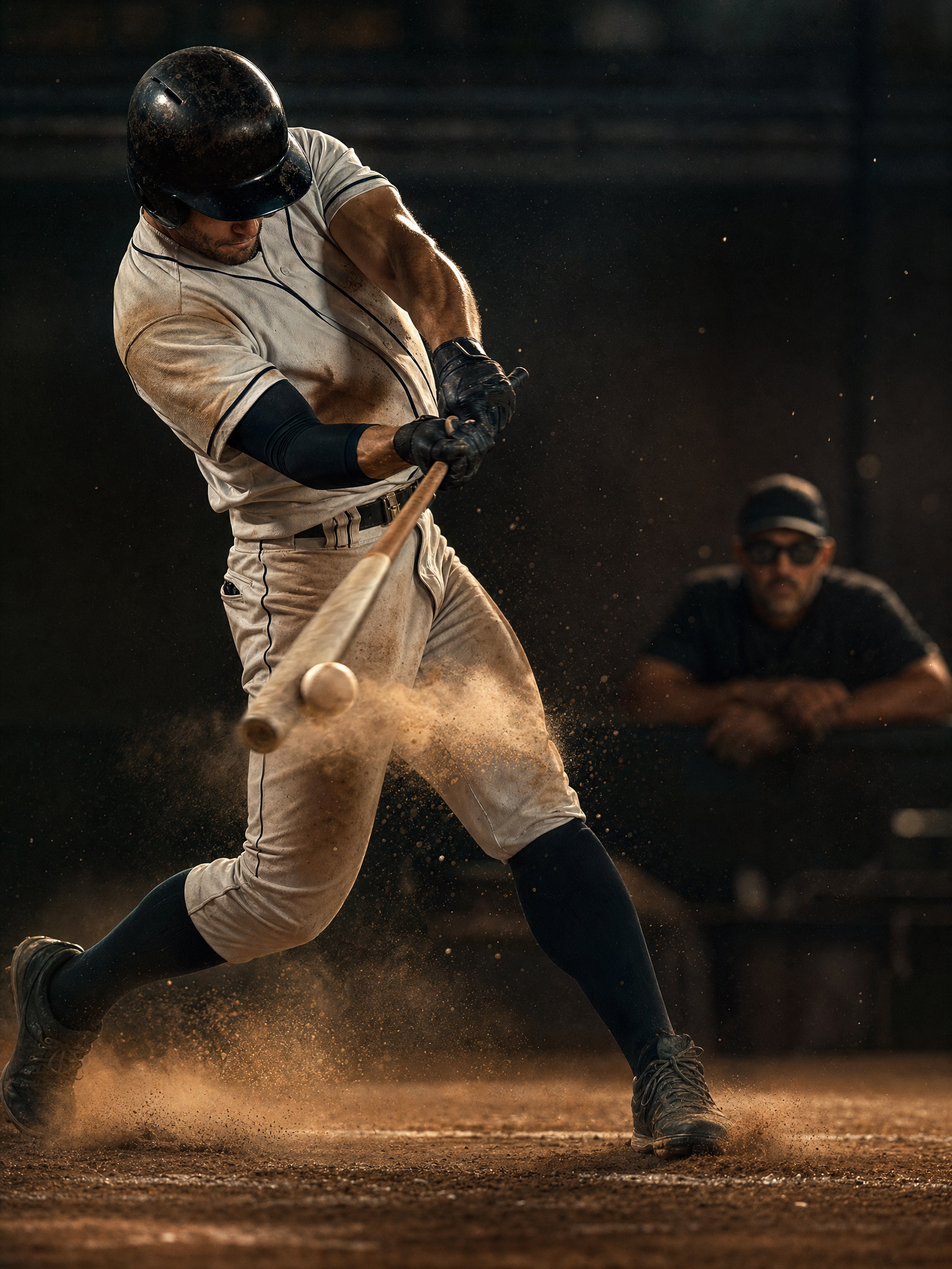 A baseball hitter at the moment of contact with dust exploding under stadium light