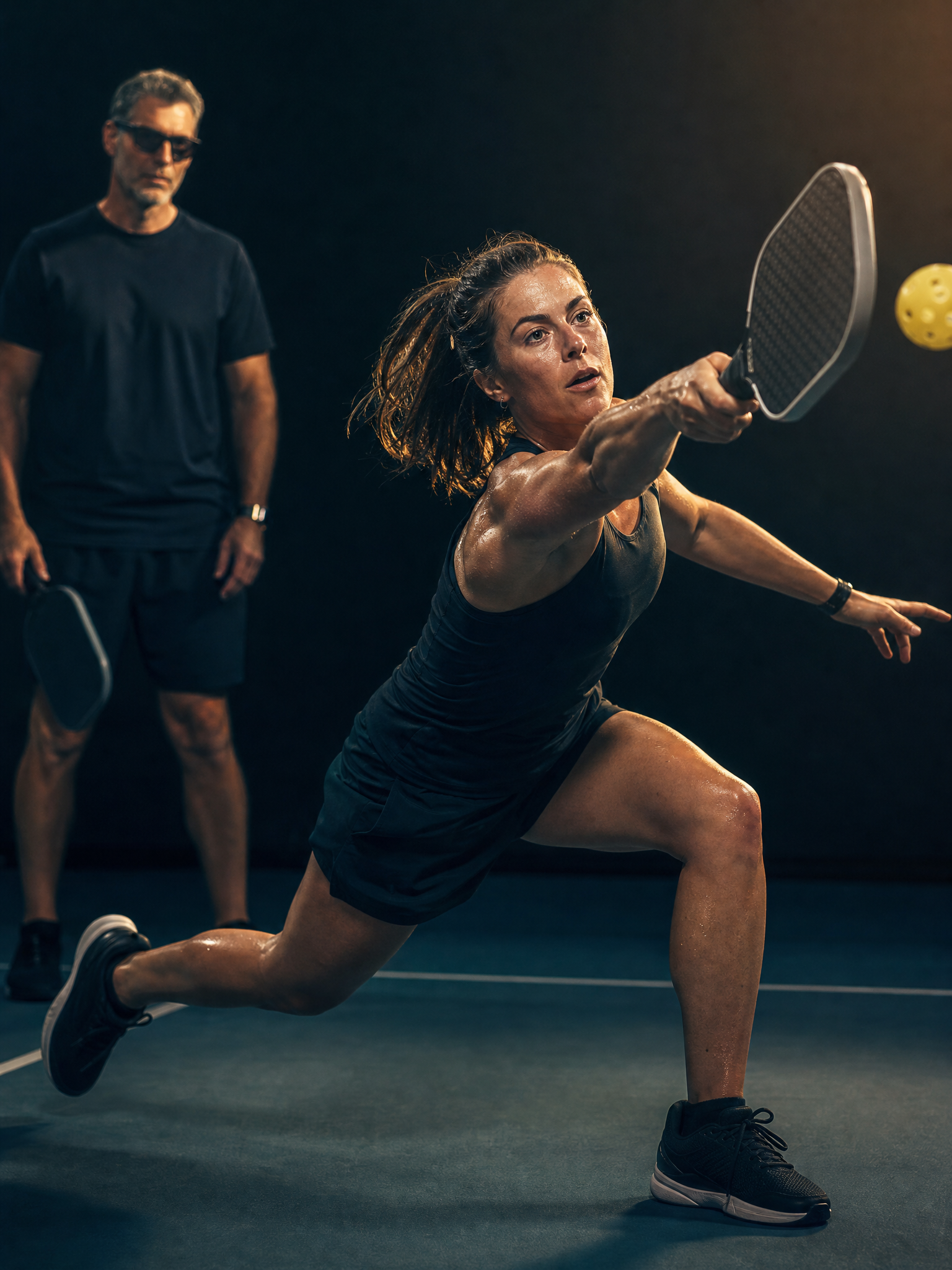 A pickleball player in an explosive lunging put-away shot under dramatic court light