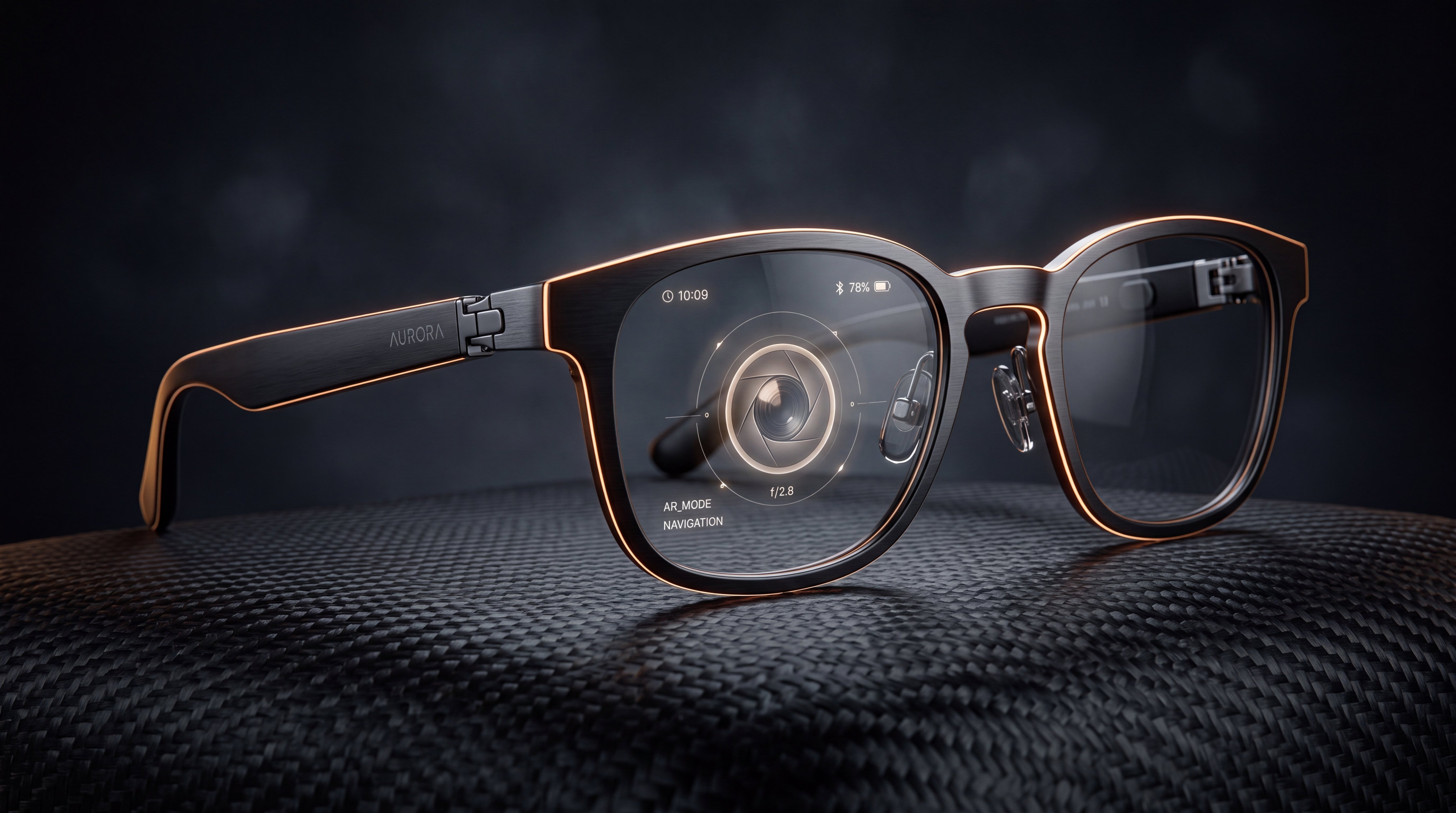 LensSports smart display glasses with glowing amber aperture reticle