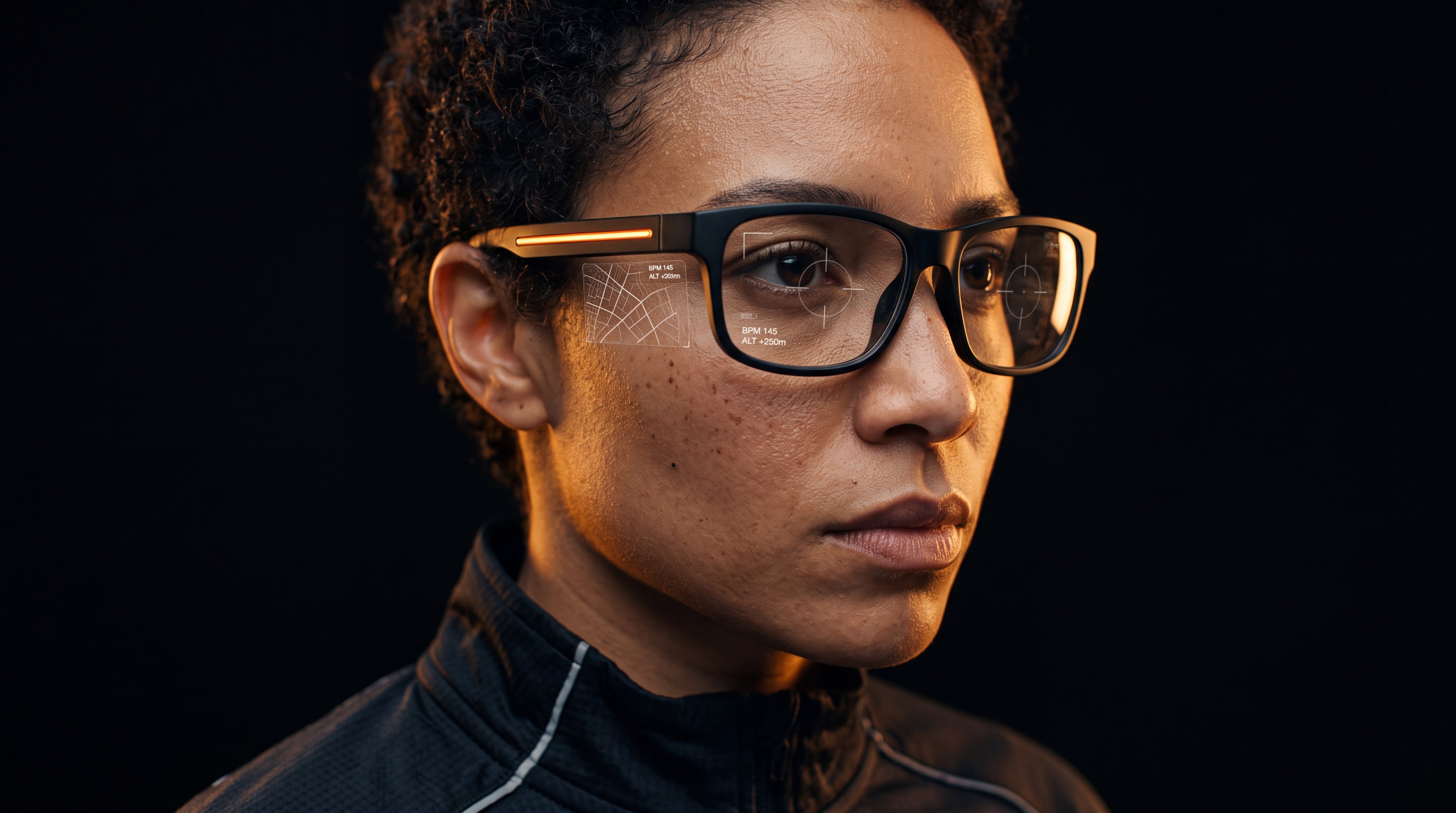 Athlete wearing LensSports smart glasses with an amber heads-up coaching display